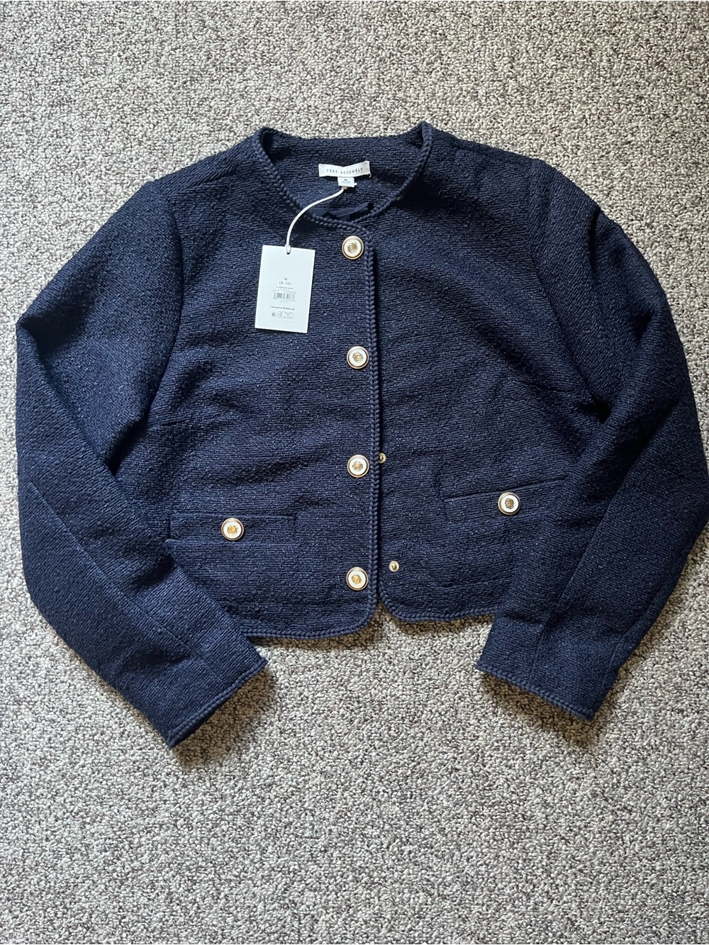 Free Assembly NWT Classic Navy Bouclé Cropped Blazer with Gold Buttons